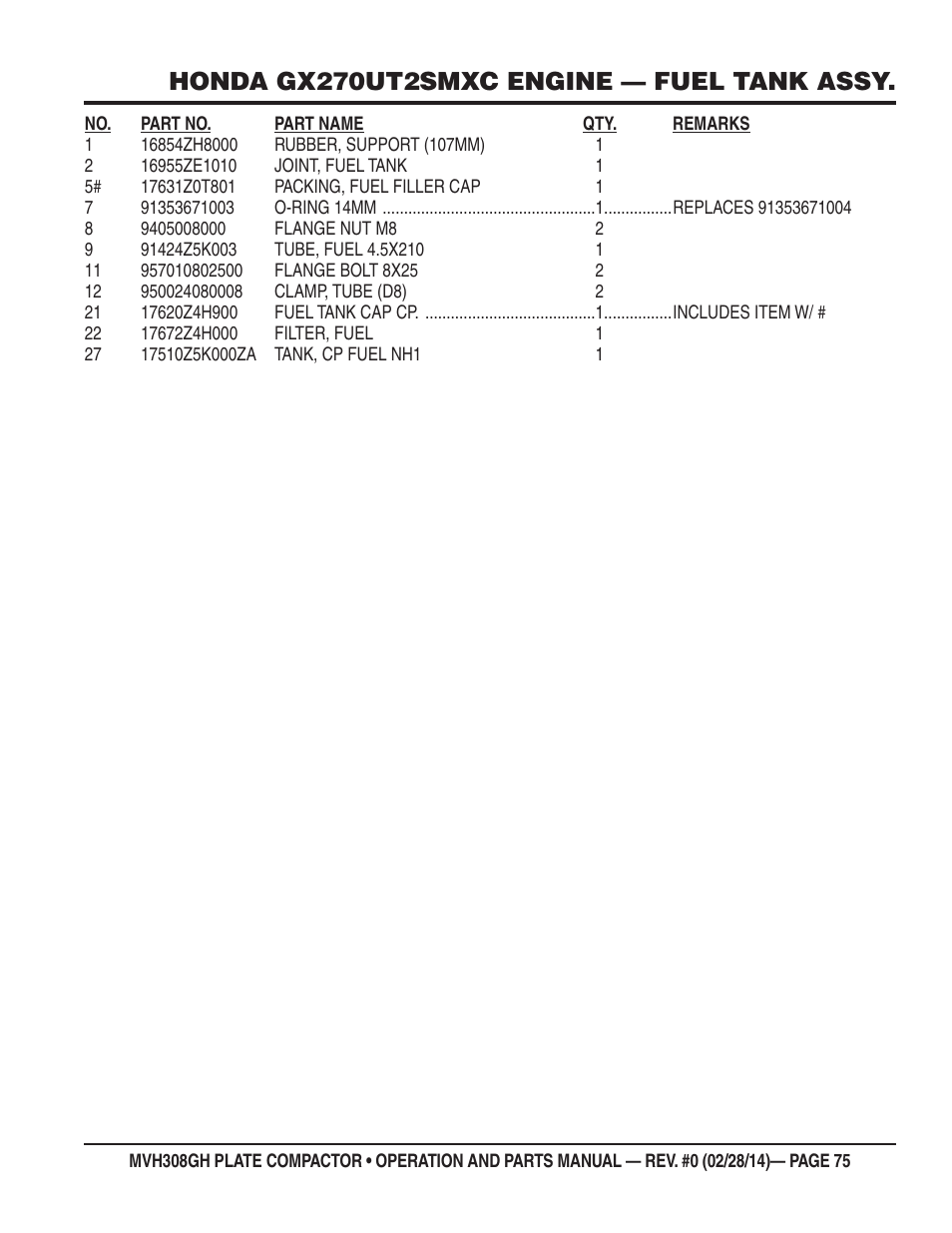 Honda gx270ut2smxc engine — fuel tank assy | Multiquip MVH308GH User Manual | Page 75 / 86