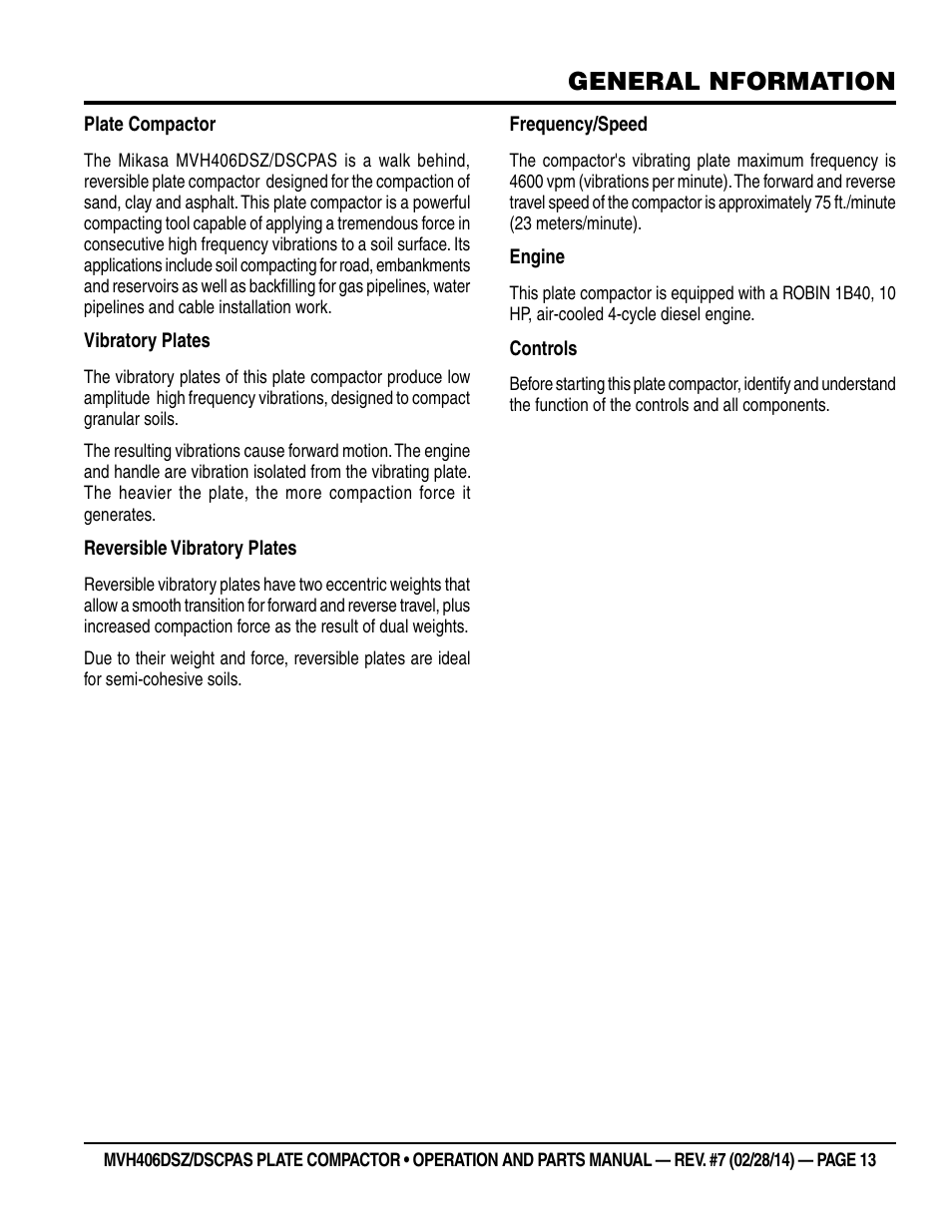 General nformation | Multiquip MVH406DSCP User Manual | Page 13 / 104