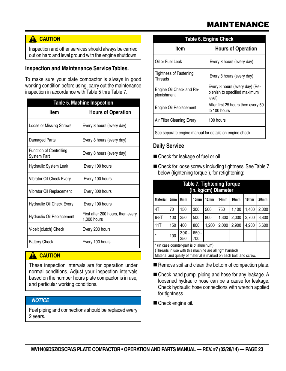 Maintenance, Inspection and maintenance service tables, Daily service | Multiquip MVH406DSCP User Manual | Page 23 / 104