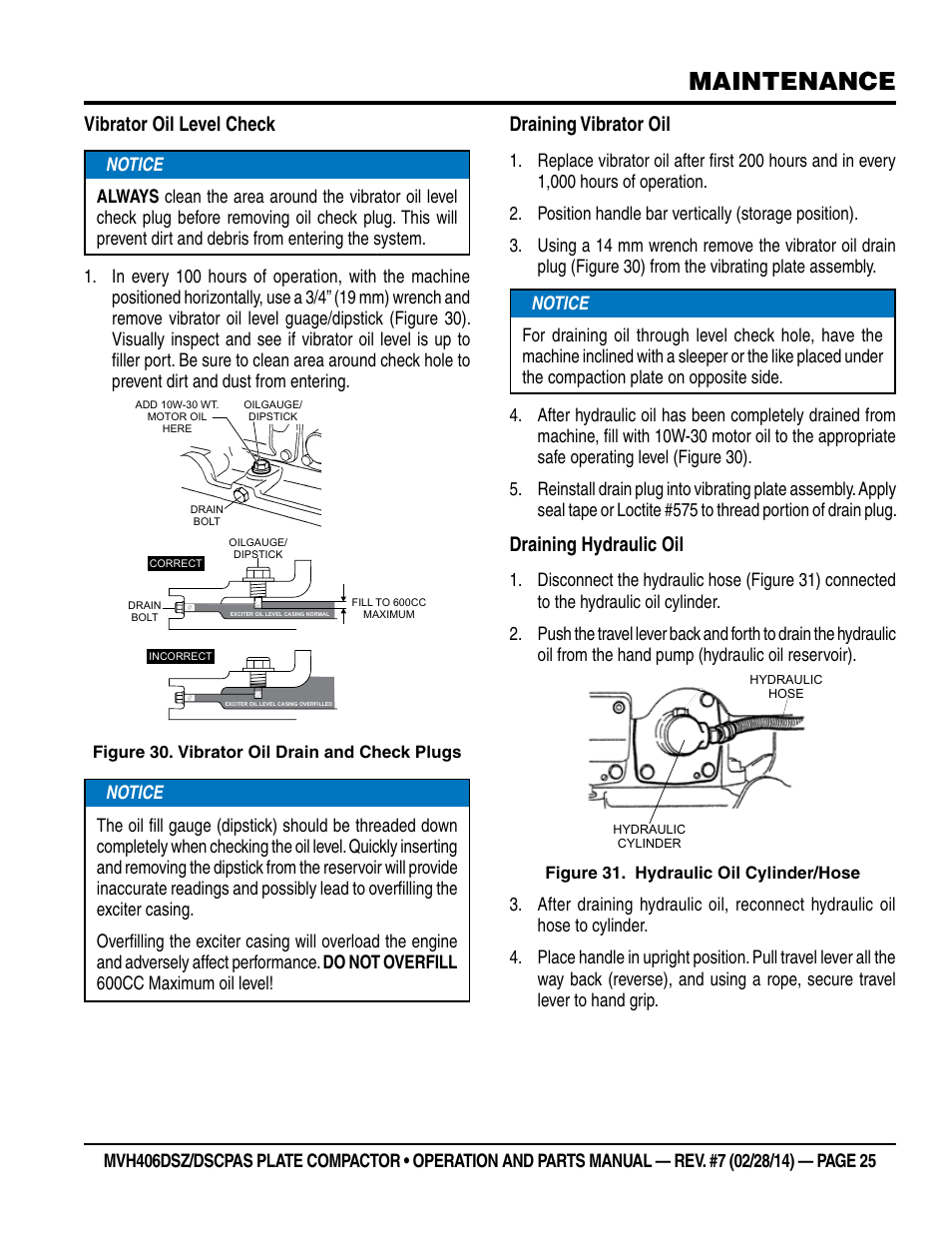 Maintenance, Vibrator oil level check, Draining vibrator oil | Draining hydraulic oil | Multiquip MVH406DSCP User Manual | Page 25 / 104