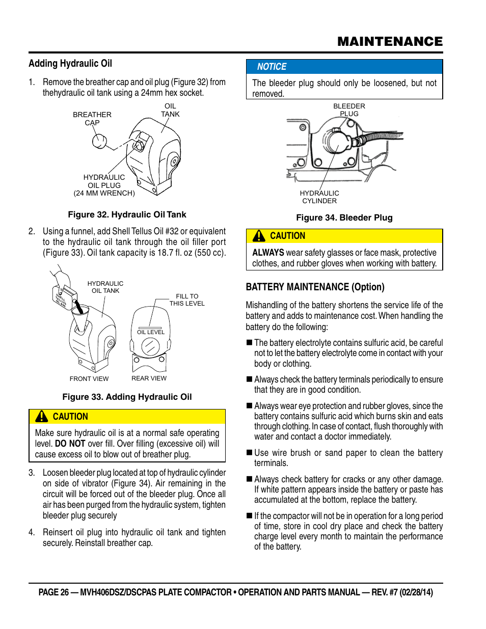Maintenance, Adding hydraulic oil, Battery maintenance (option) | Multiquip MVH406DSCP User Manual | Page 26 / 104