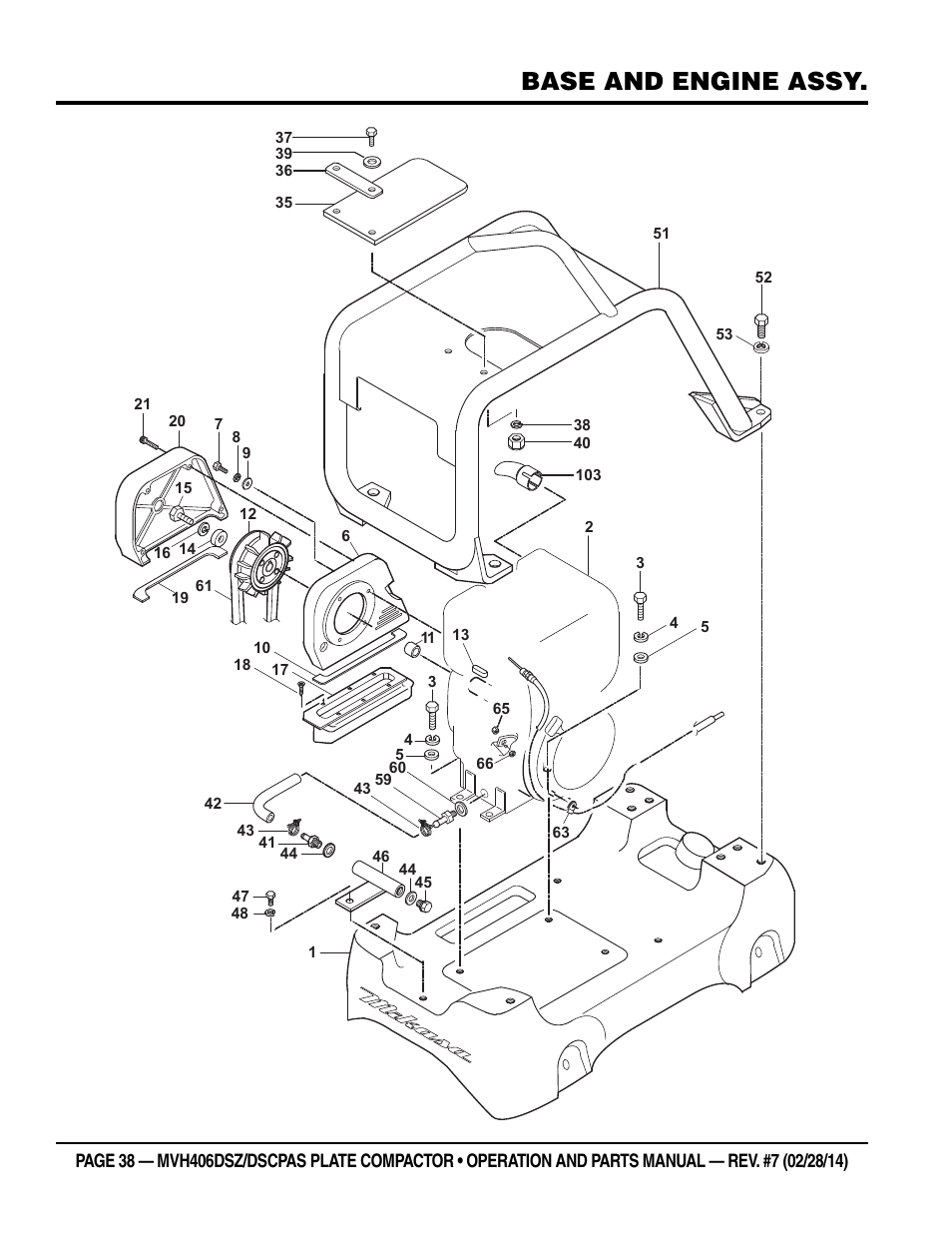 Base and engine assy | Multiquip MVH406DSCP User Manual | Page 38 / 104