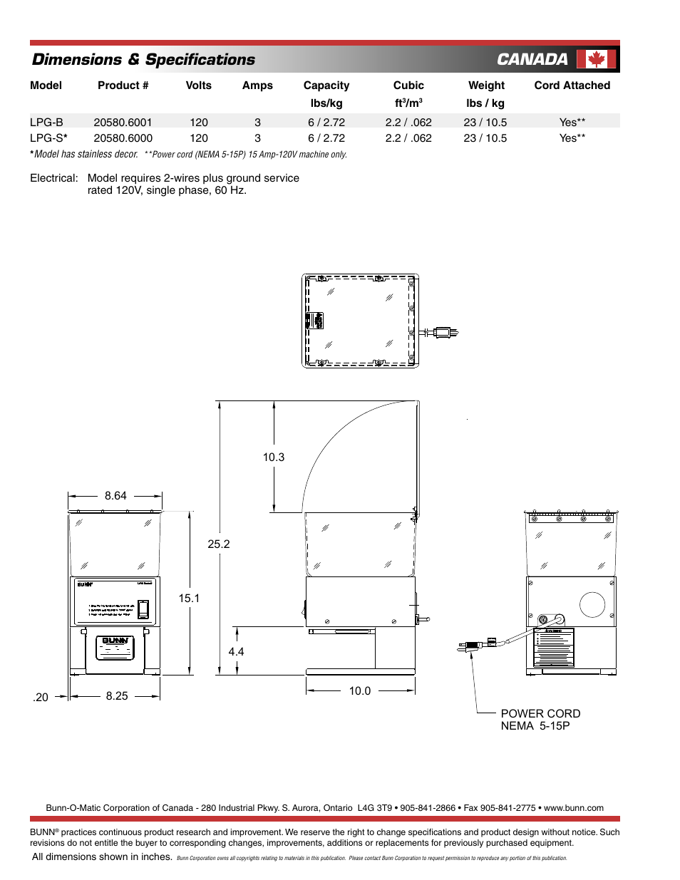 Dimensions & speciﬁcations, Canada | Bunn LPG User Manual | Page 2 / 2