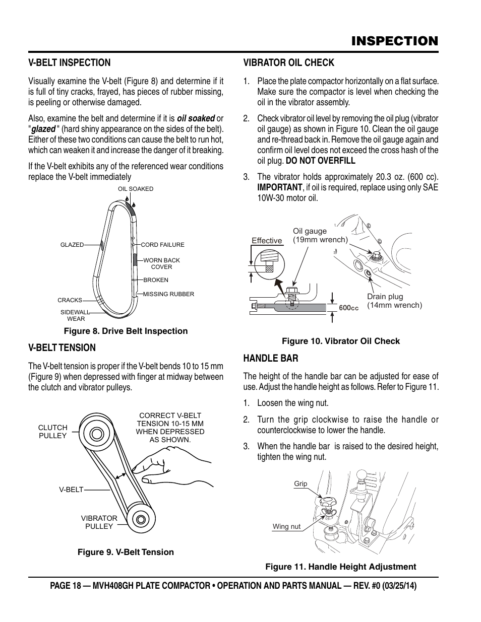 Inspection, V-belt inspection, V-belt tension | Vibrator oil check, Handle bar | Multiquip MVH408GH User Manual | Page 18 / 86