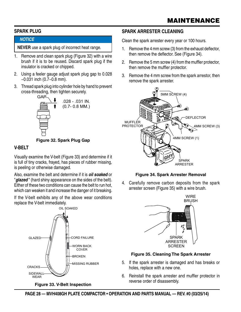 Maintenance, Spark plug, V-belt | Spark arrester cleaning | Multiquip MVH408GH User Manual | Page 28 / 86