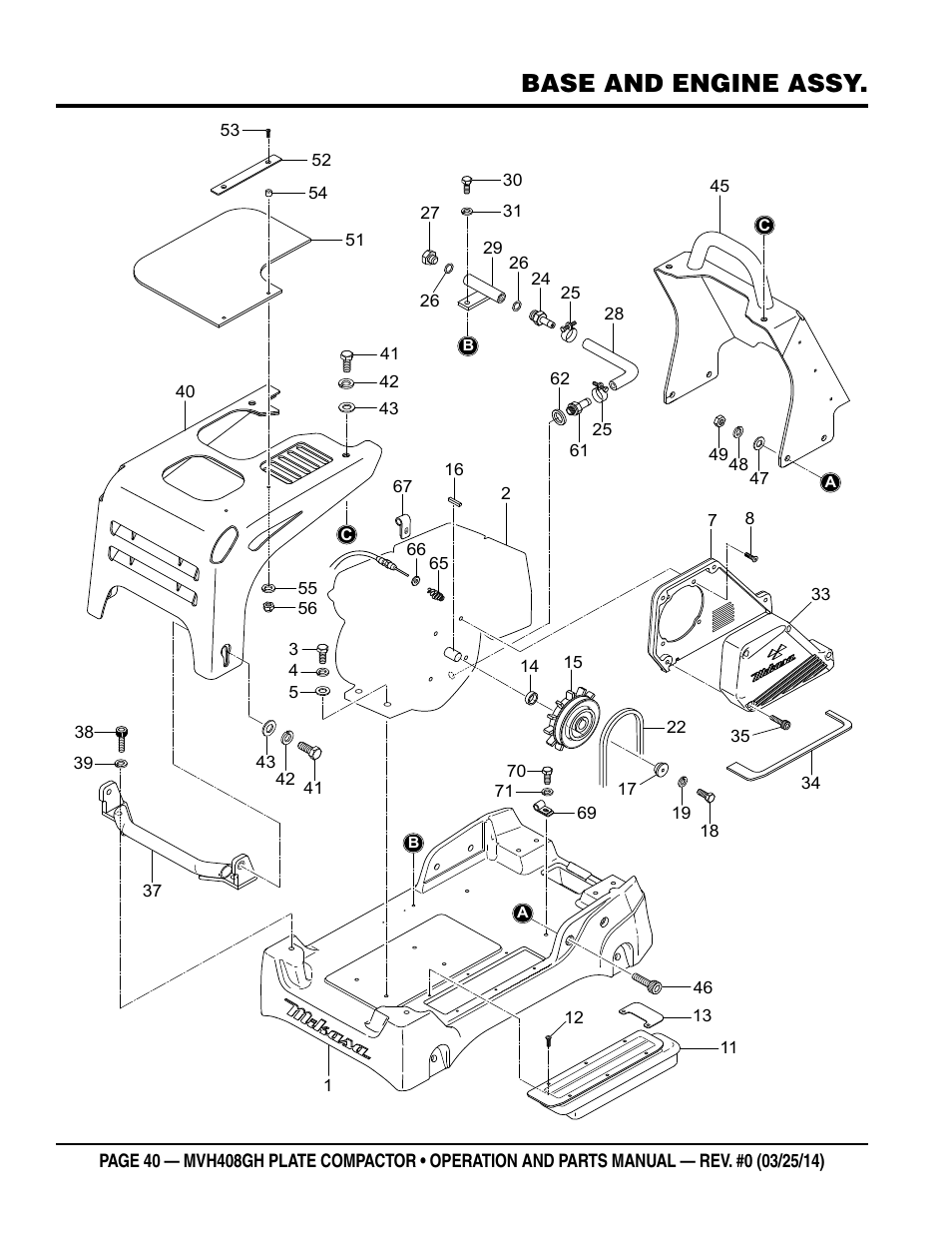 Base and engine assy | Multiquip MVH408GH User Manual | Page 40 / 86