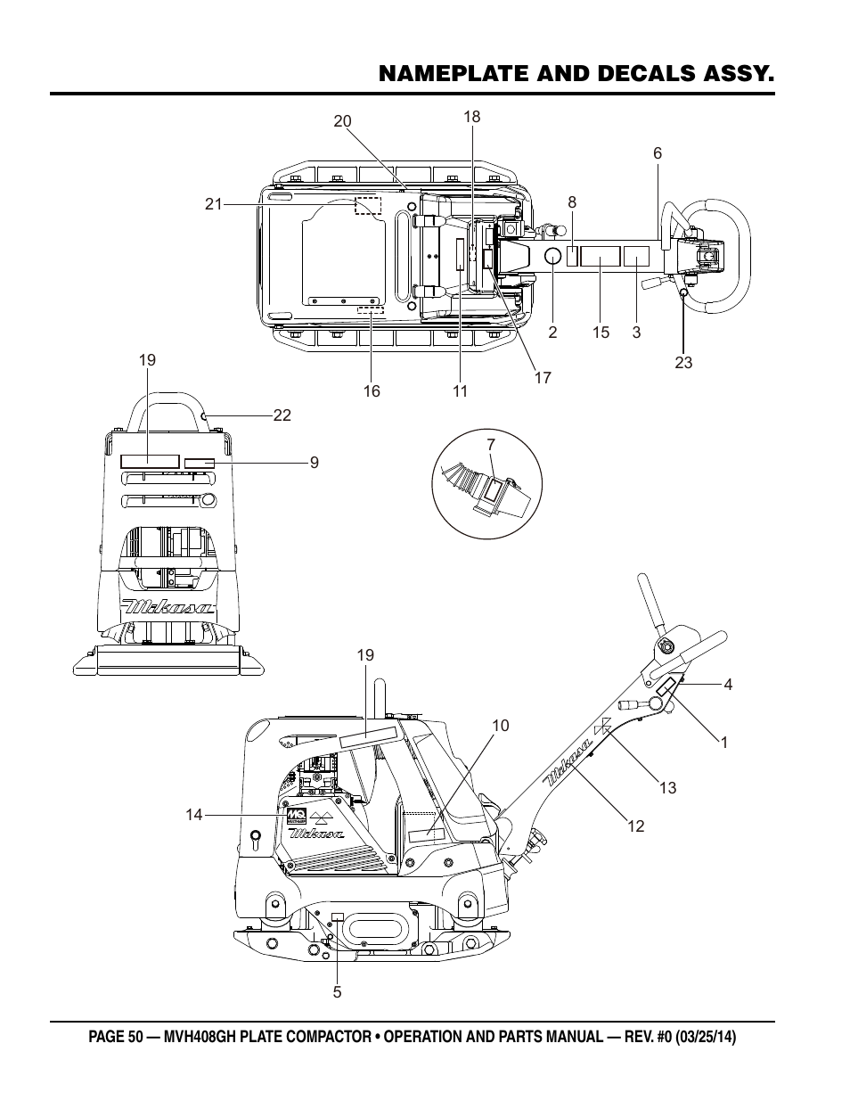 Nameplate and decals assy | Multiquip MVH408GH User Manual | Page 50 / 86