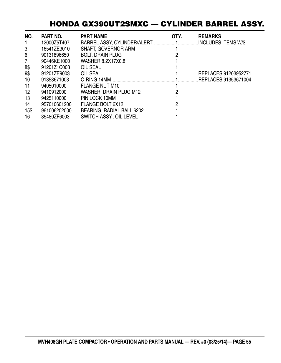 Honda gx390ut2smxc — cylinder barrel assy | Multiquip MVH408GH User Manual | Page 55 / 86