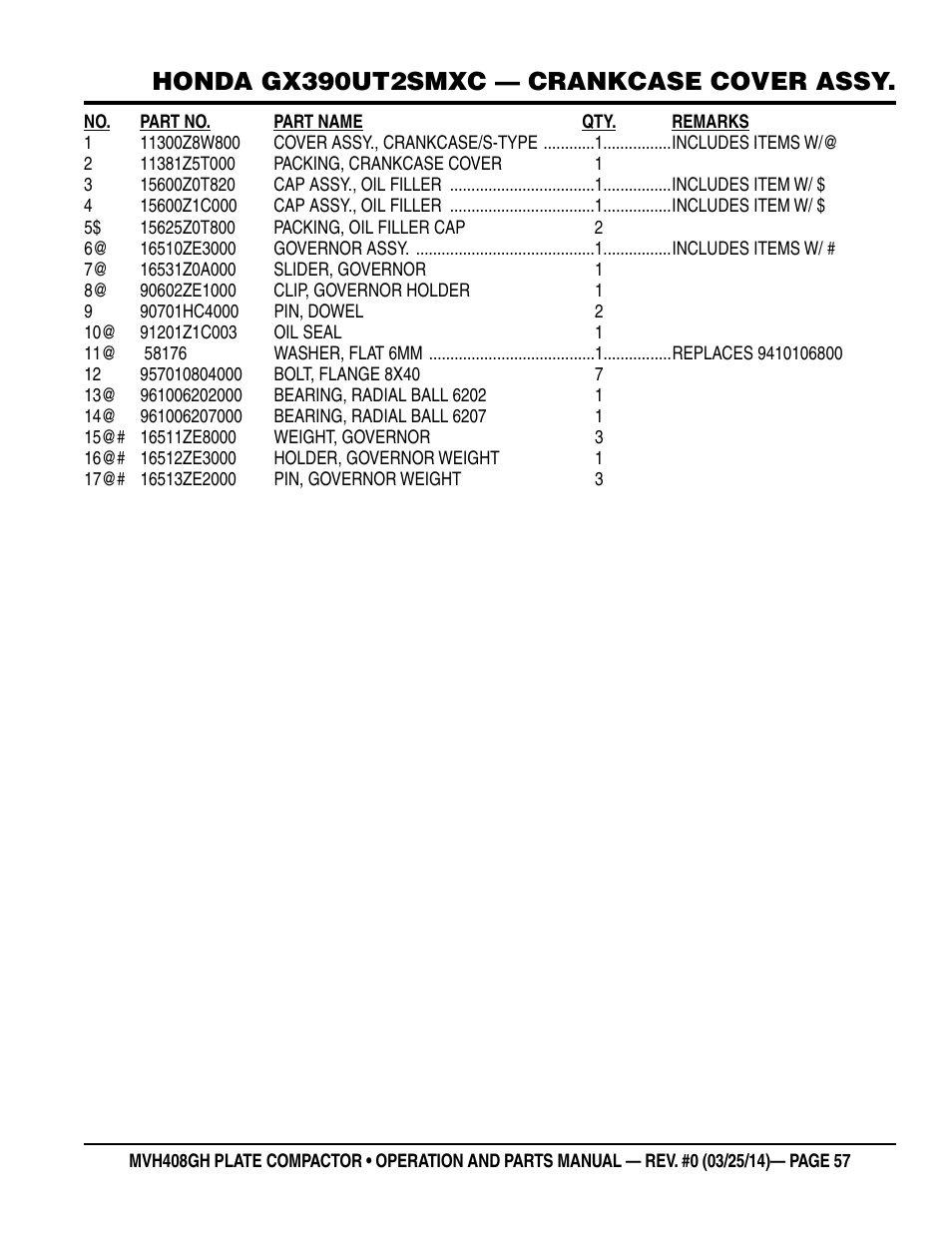 Honda gx390ut2smxc — crankcase cover assy | Multiquip MVH408GH User Manual | Page 57 / 86