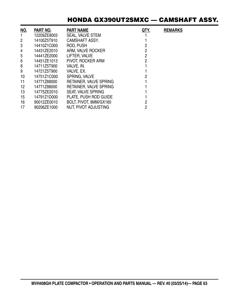 Honda gx390ut2smxc — camshaft assy | Multiquip MVH408GH User Manual | Page 63 / 86