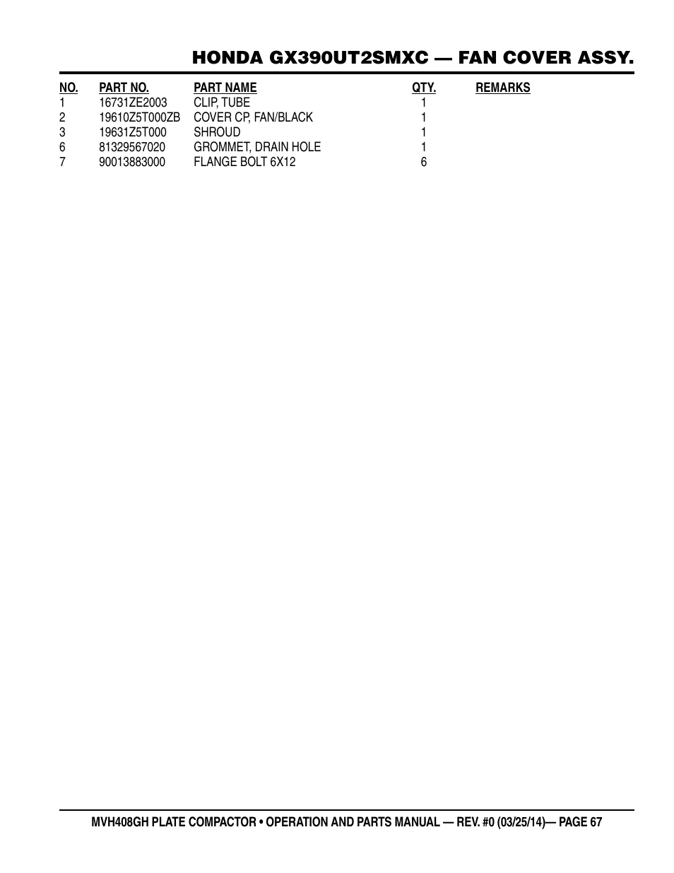 Honda gx390ut2smxc — fan cover assy | Multiquip MVH408GH User Manual | Page 67 / 86