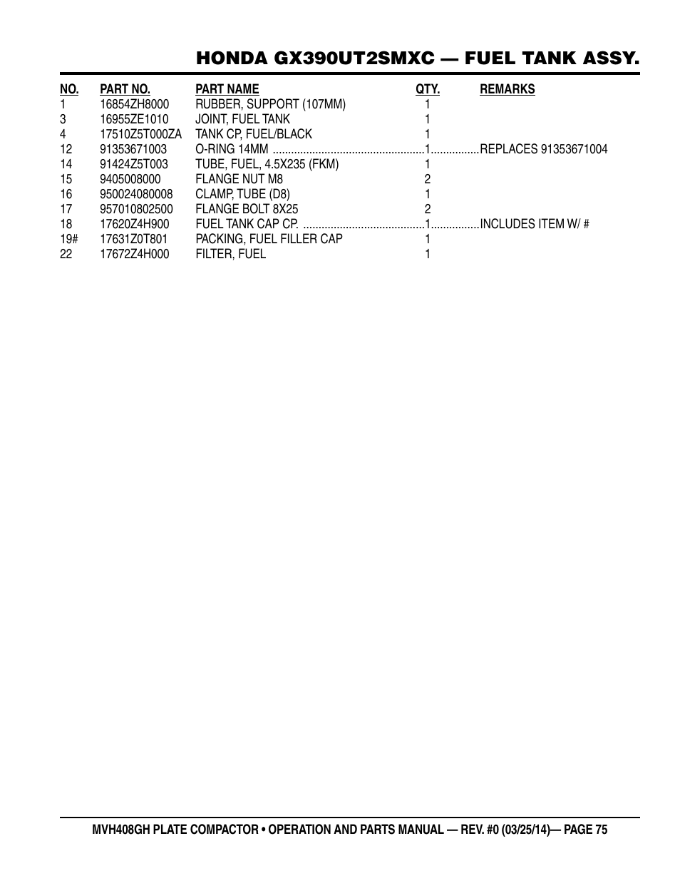 Honda gx390ut2smxc — fuel tank assy | Multiquip MVH408GH User Manual | Page 75 / 86