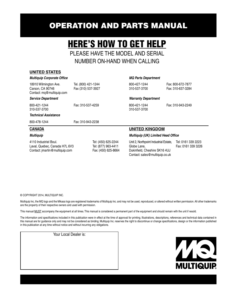 Here’s how to get help, Operation and parts manual | Multiquip MVH508DZ User Manual | Page 100 / 100