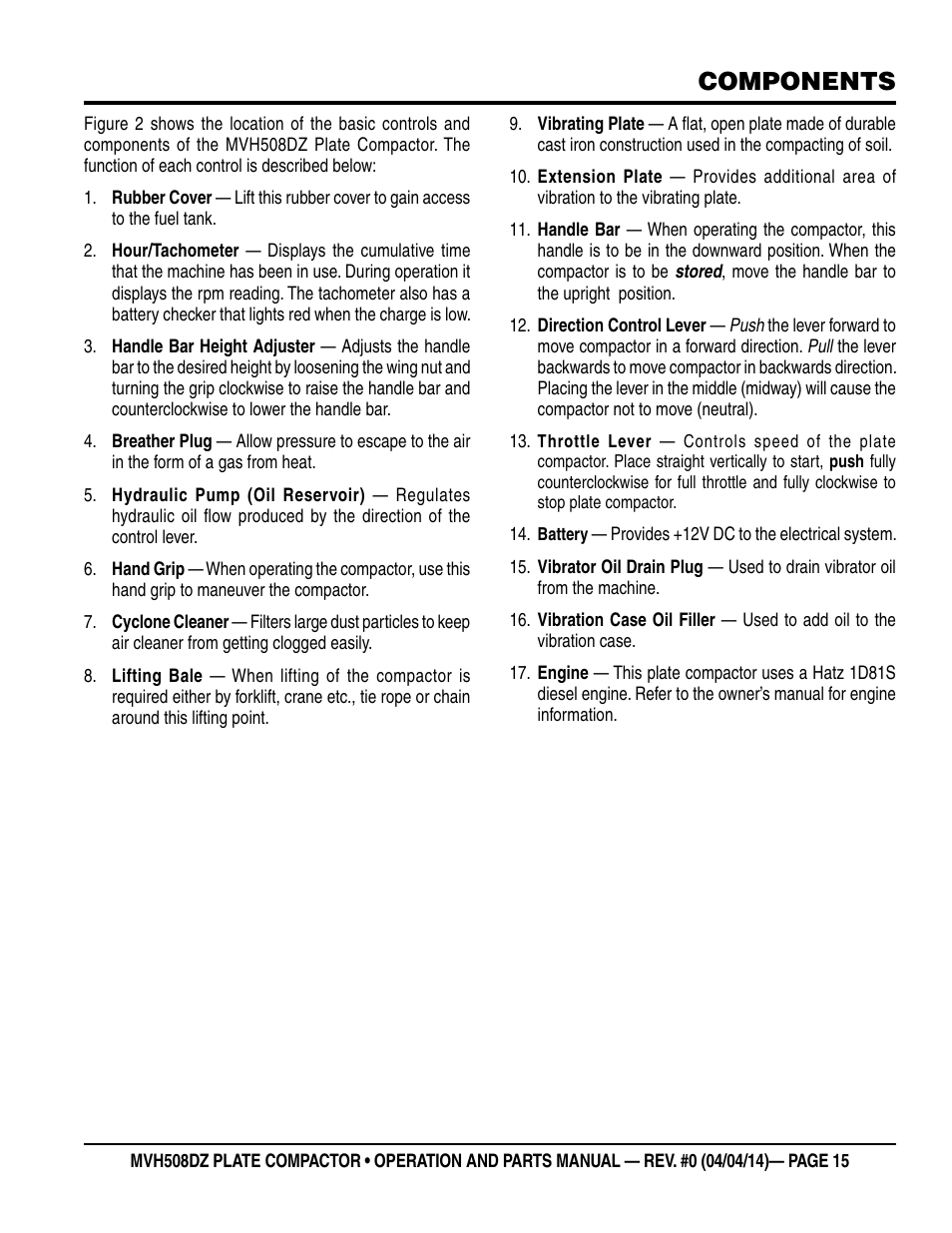 Components | Multiquip MVH508DZ User Manual | Page 15 / 100