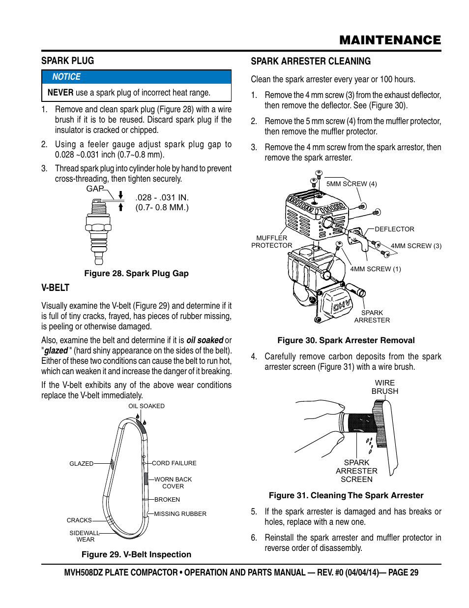 Maintenance, Spark plug, V-belt | Spark arrester cleaning | Multiquip MVH508DZ User Manual | Page 29 / 100