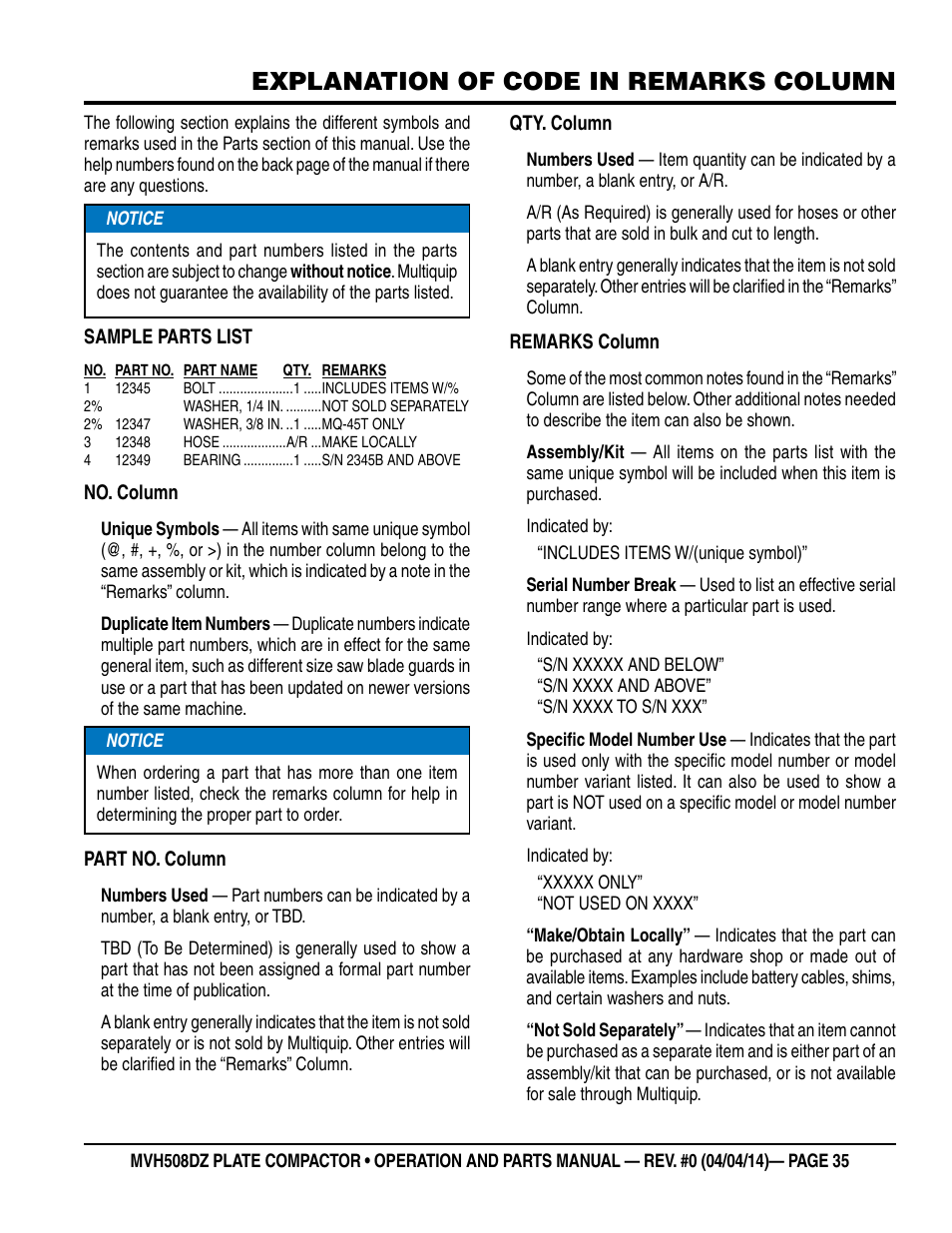 Explanation of code in remarks column | Multiquip MVH508DZ User Manual | Page 35 / 100