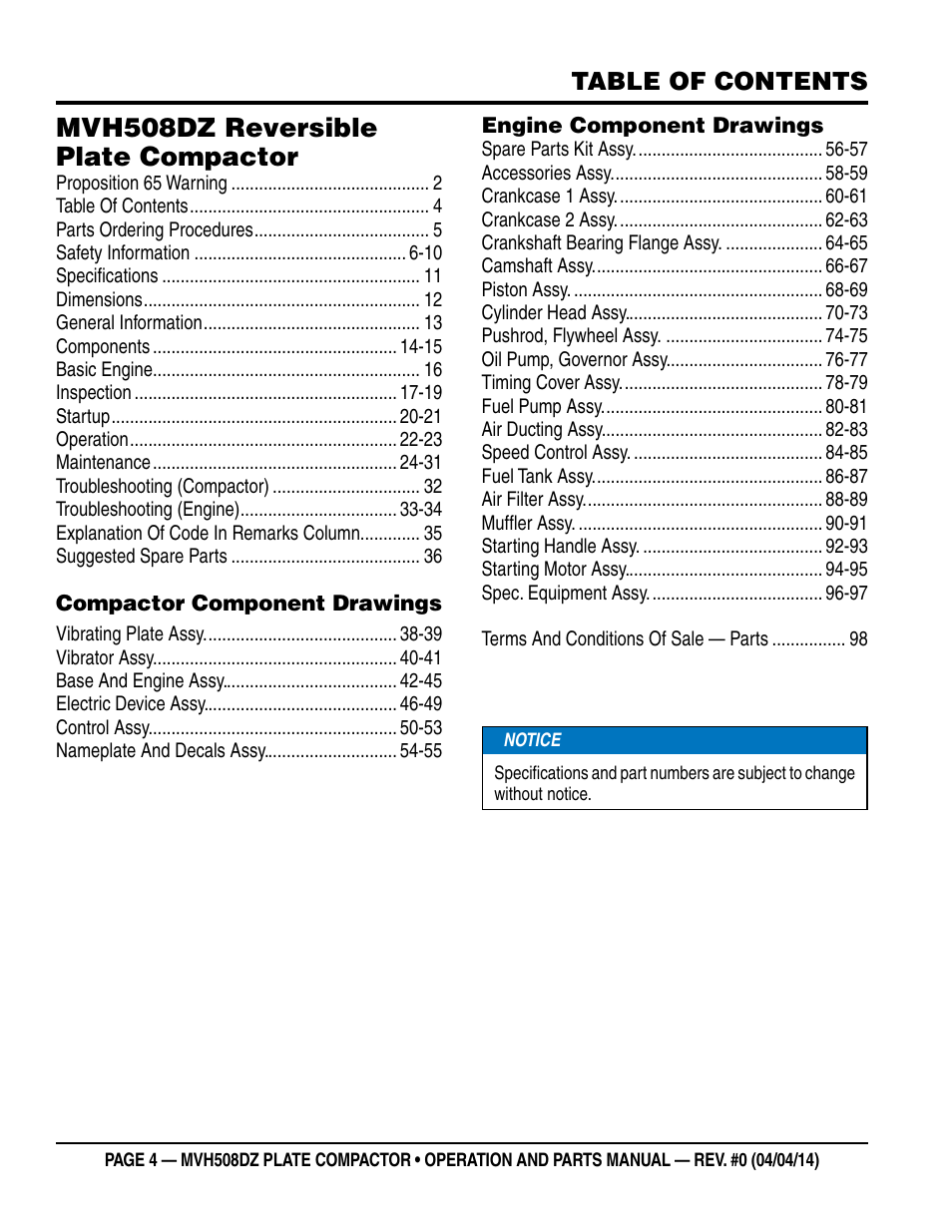 Multiquip MVH508DZ User Manual | Page 4 / 100