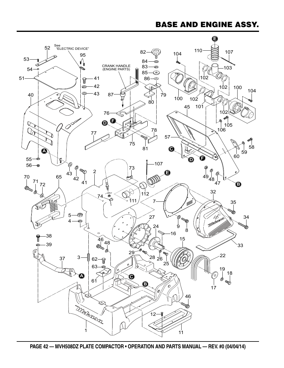 Base and engine assy | Multiquip MVH508DZ User Manual | Page 42 / 100