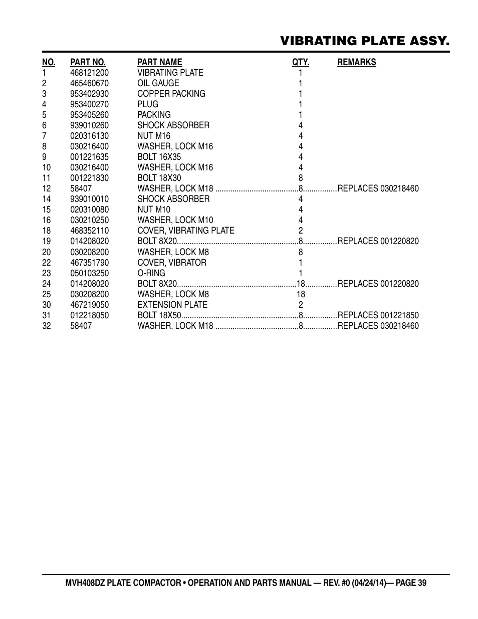 Vibrating plate assy | Multiquip MVH408DZ User Manual | Page 39 / 108