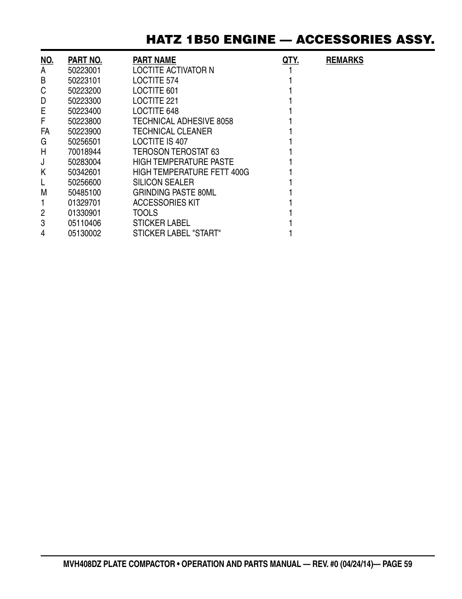 Hatz 1b50 engine — accessories assy | Multiquip MVH408DZ User Manual | Page 59 / 108