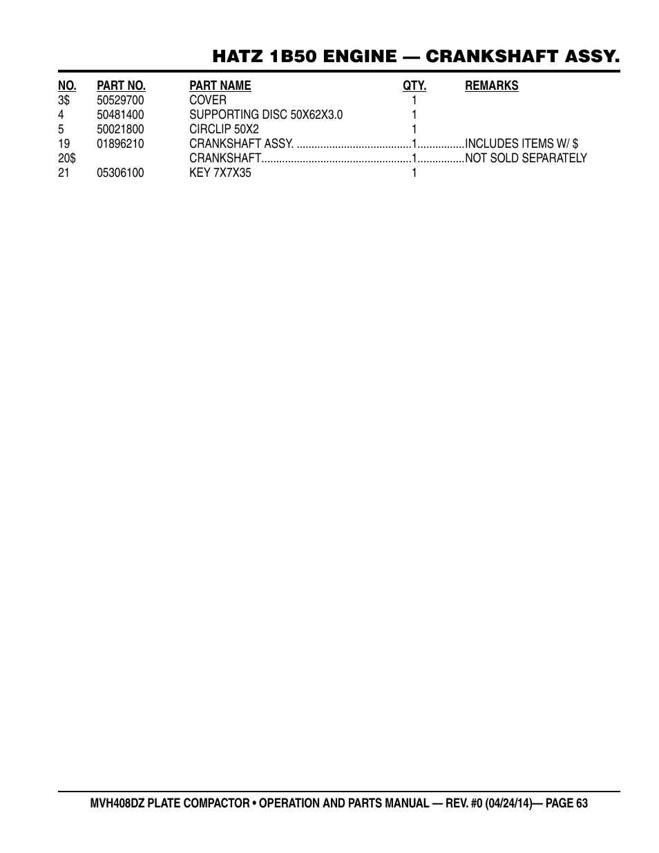 Hatz 1b50 engine — crankshaft assy | Multiquip MVH408DZ User Manual | Page 63 / 108