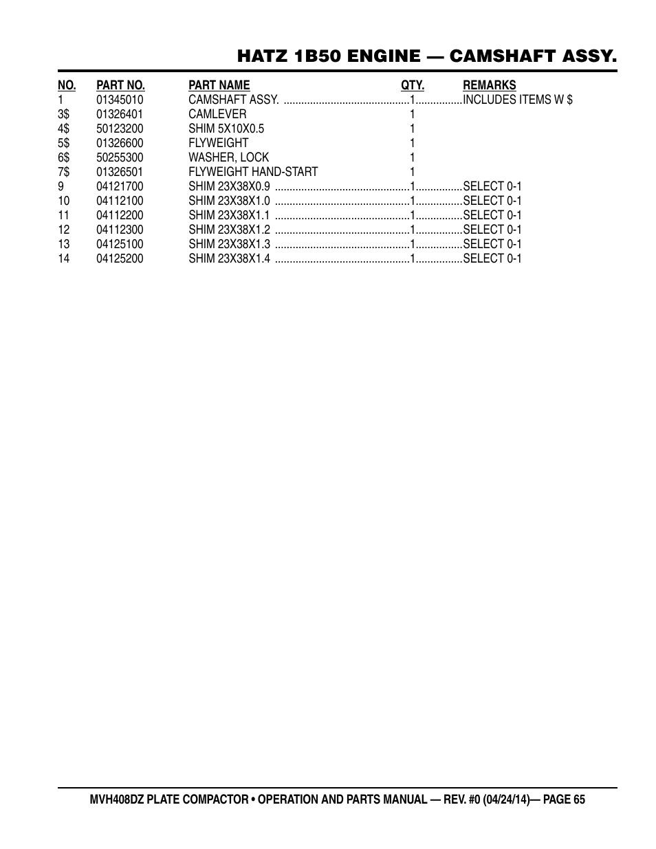 Hatz 1b50 engine — camshaft assy | Multiquip MVH408DZ User Manual | Page 65 / 108