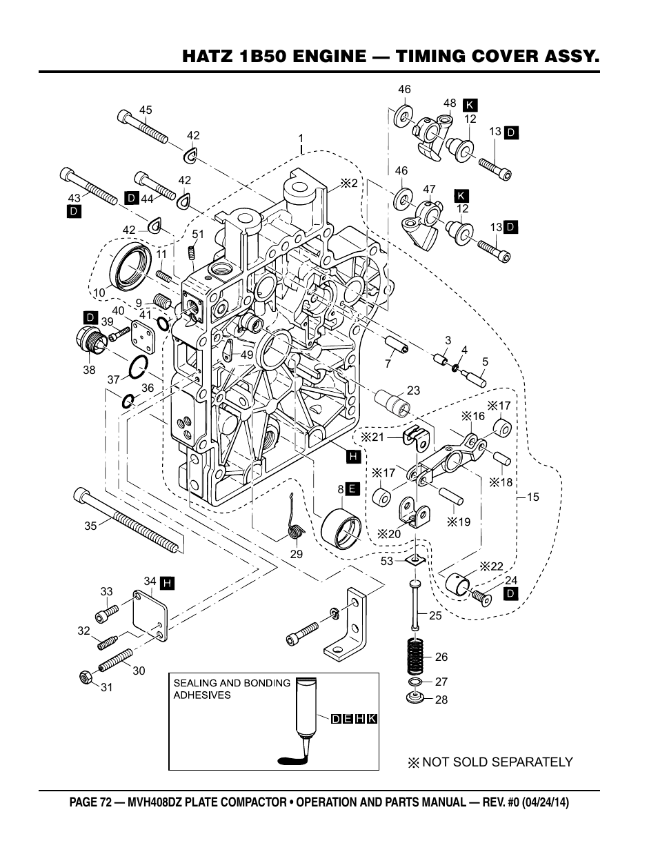 Hatz 1b50 engine — timing cover assy | Multiquip MVH408DZ User Manual | Page 72 / 108
