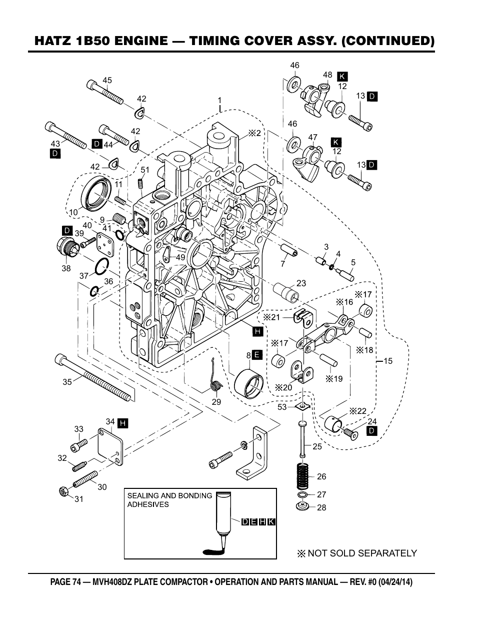 Hatz 1b50 engine — timing cover assy. (continued) | Multiquip MVH408DZ User Manual | Page 74 / 108