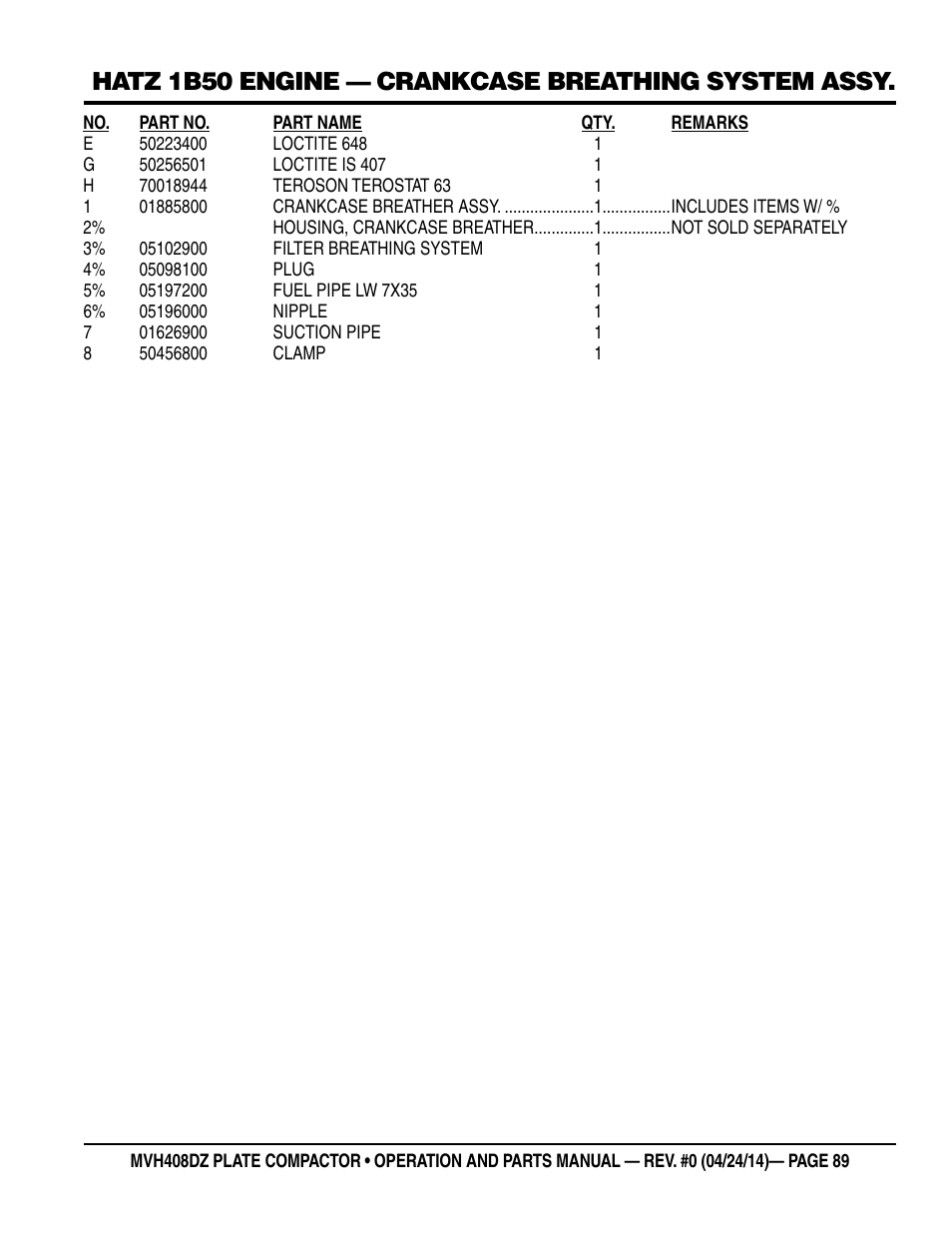 Hatz 1b50 engine — crankcase breathing system assy | Multiquip MVH408DZ User Manual | Page 89 / 108