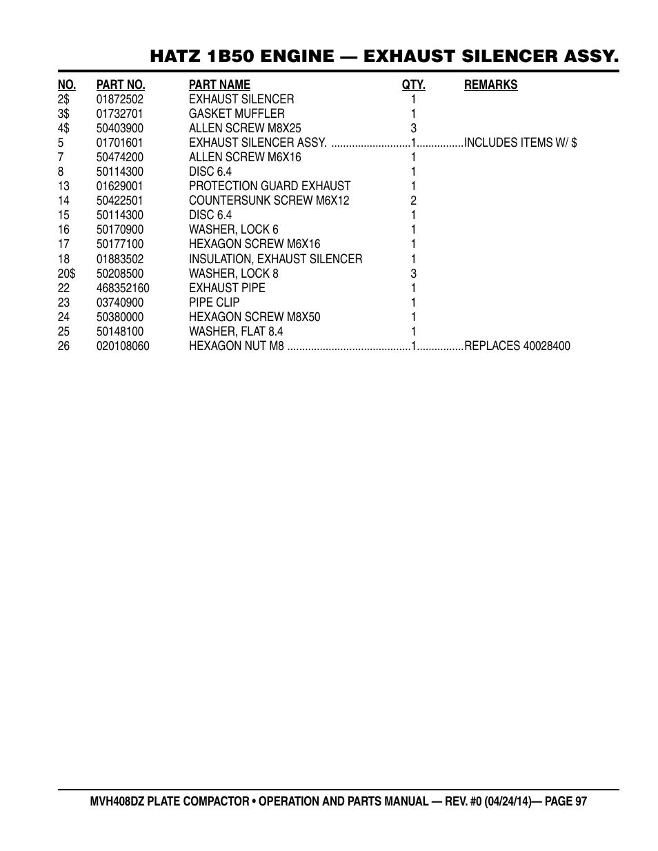 Hatz 1b50 engine — exhaust silencer assy | Multiquip MVH408DZ User Manual | Page 97 / 108