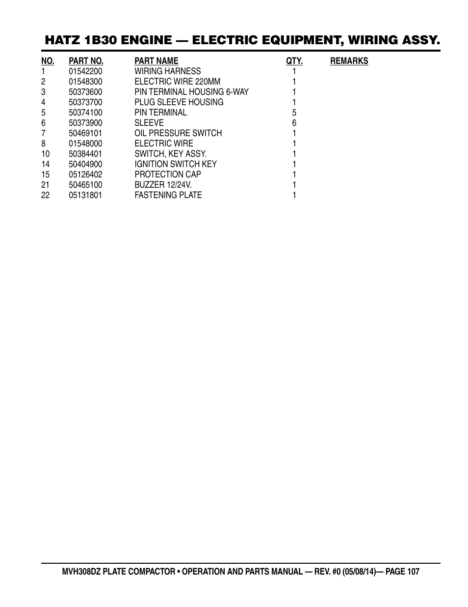 Hatz 1b30 engine — electric equipment, wiring assy | Multiquip MVH308DZ User Manual | Page 107 / 110
