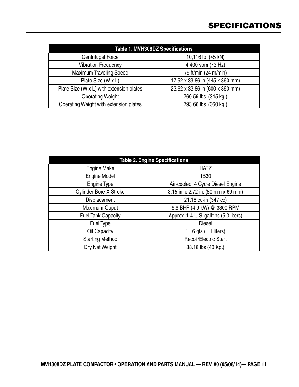 Specifications | Multiquip MVH308DZ User Manual | Page 11 / 110