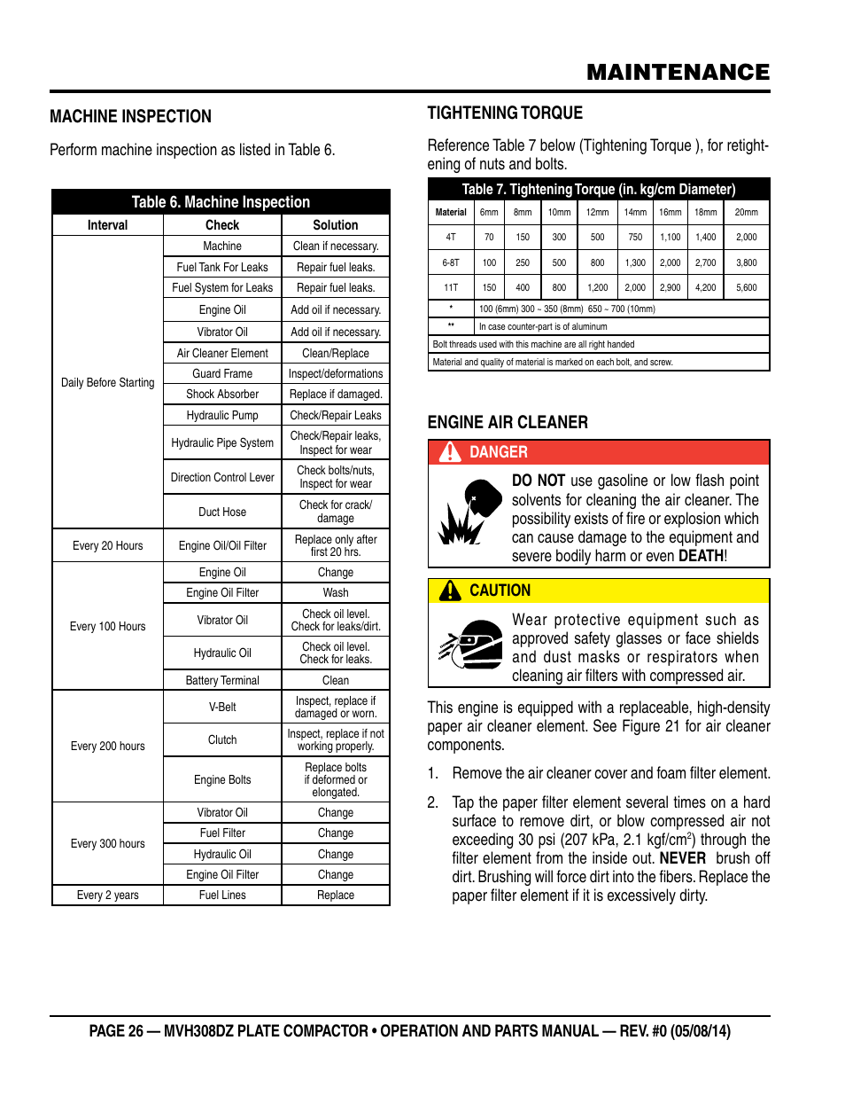 Maintenance, Machine inspection, Tightening torque | Engine air cleaner | Multiquip MVH308DZ User Manual | Page 26 / 110