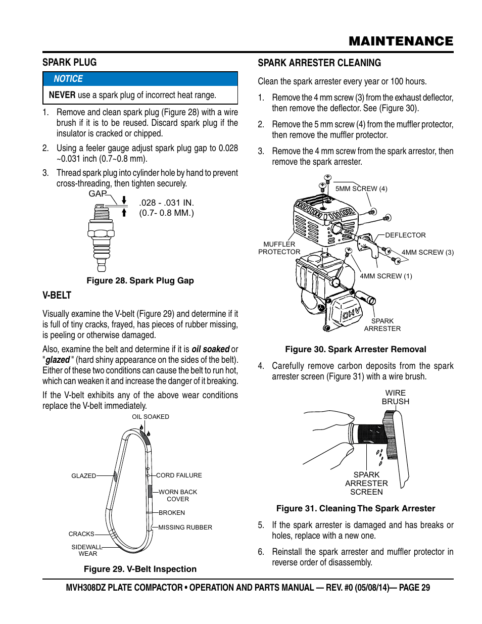 Maintenance, Spark plug, V-belt | Spark arrester cleaning | Multiquip MVH308DZ User Manual | Page 29 / 110