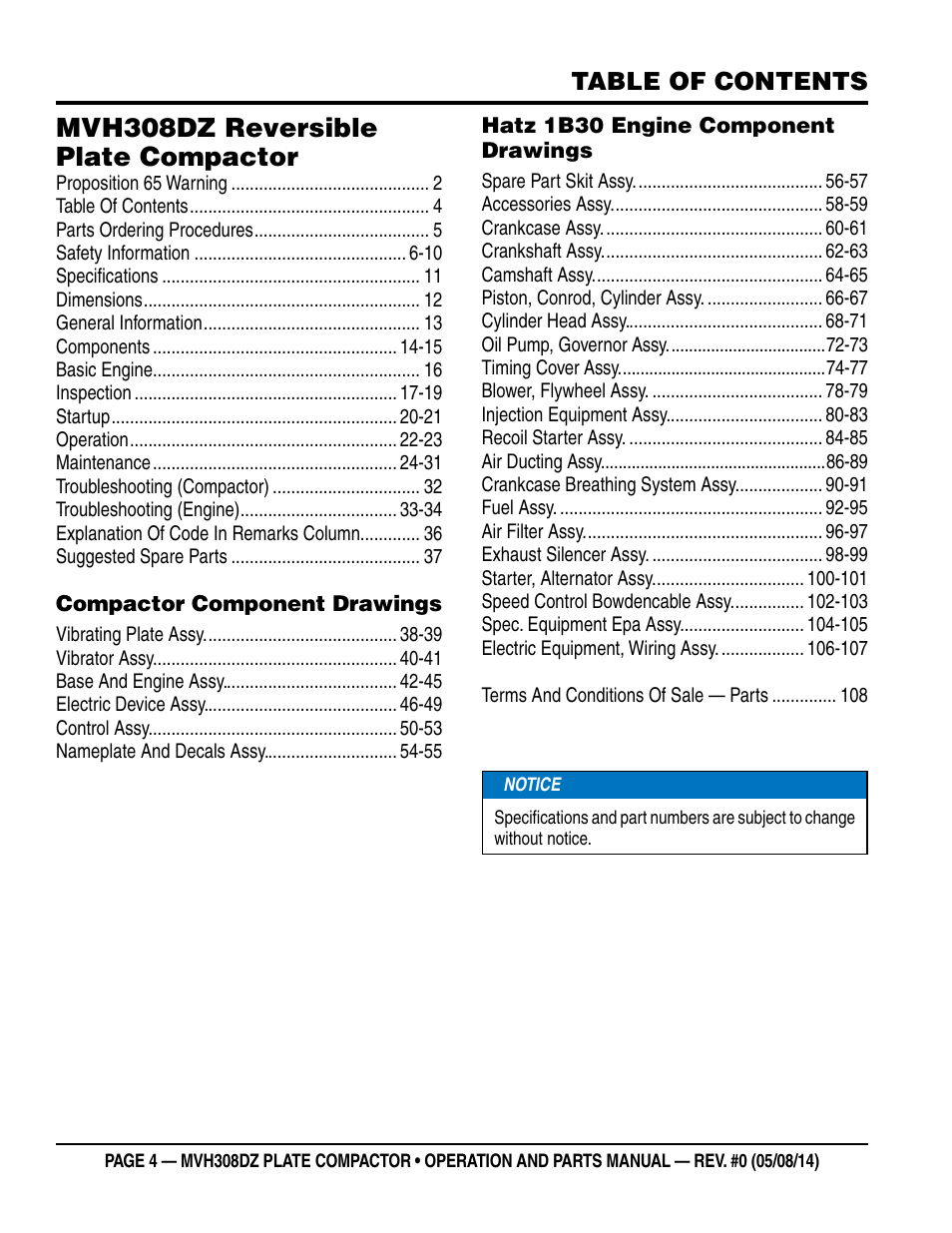 Multiquip MVH308DZ User Manual | Page 4 / 110