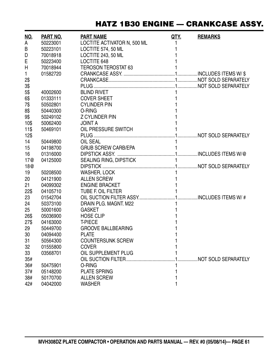 Hatz 1b30 engine — crankcase assy | Multiquip MVH308DZ User Manual | Page 61 / 110