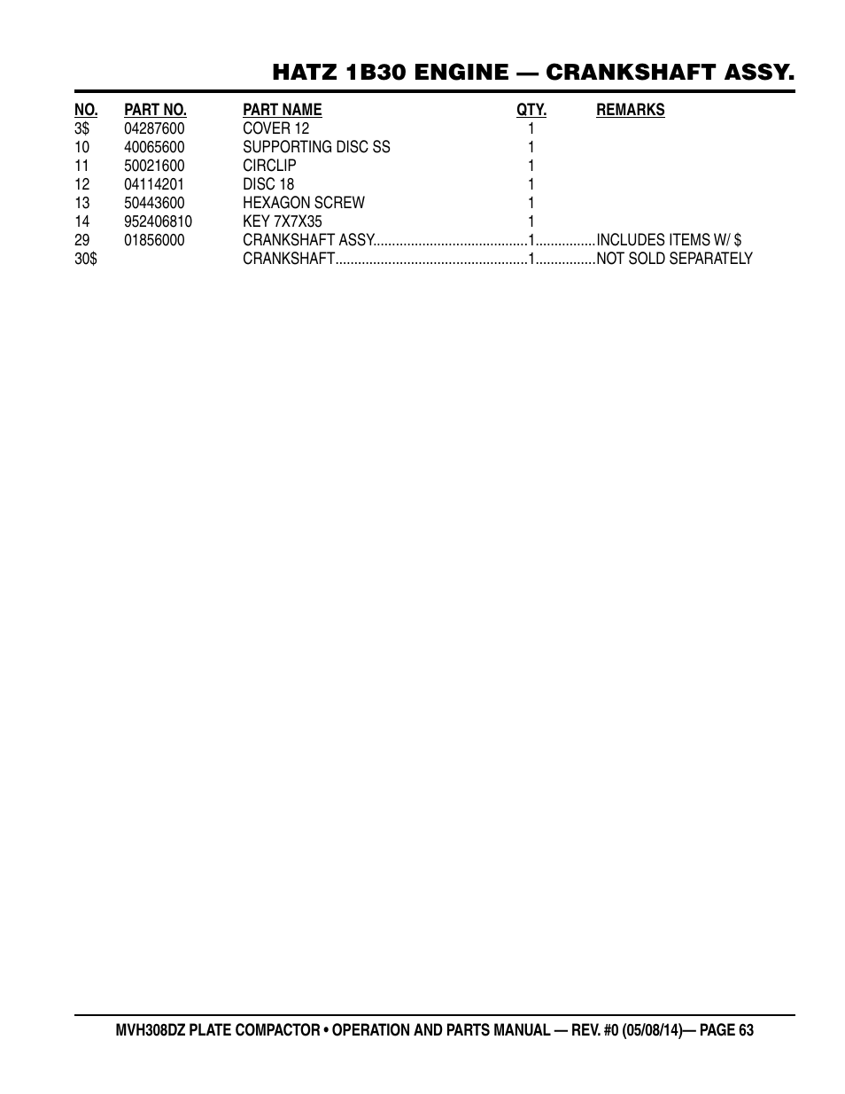 Hatz 1b30 engine — crankshaft assy | Multiquip MVH308DZ User Manual | Page 63 / 110
