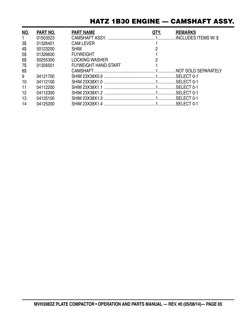 Hatz 1b30 engine — camshaft assy | Multiquip MVH308DZ User Manual | Page 65 / 110