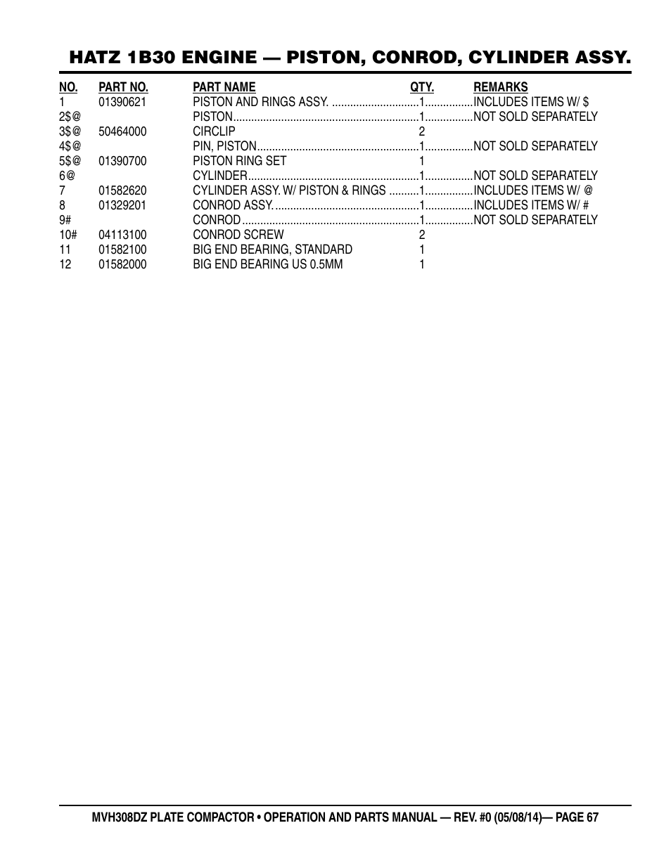 Hatz 1b30 engine — piston, conrod, cylinder assy | Multiquip MVH308DZ User Manual | Page 67 / 110