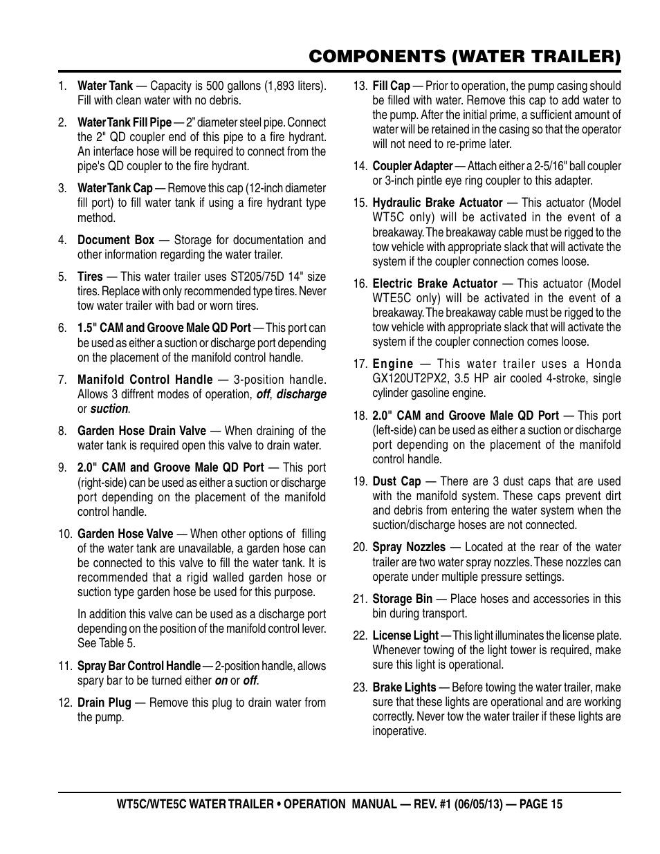 Components (water trailer) | Multiquip WTE5C Operation Manual User Manual | Page 15 / 52