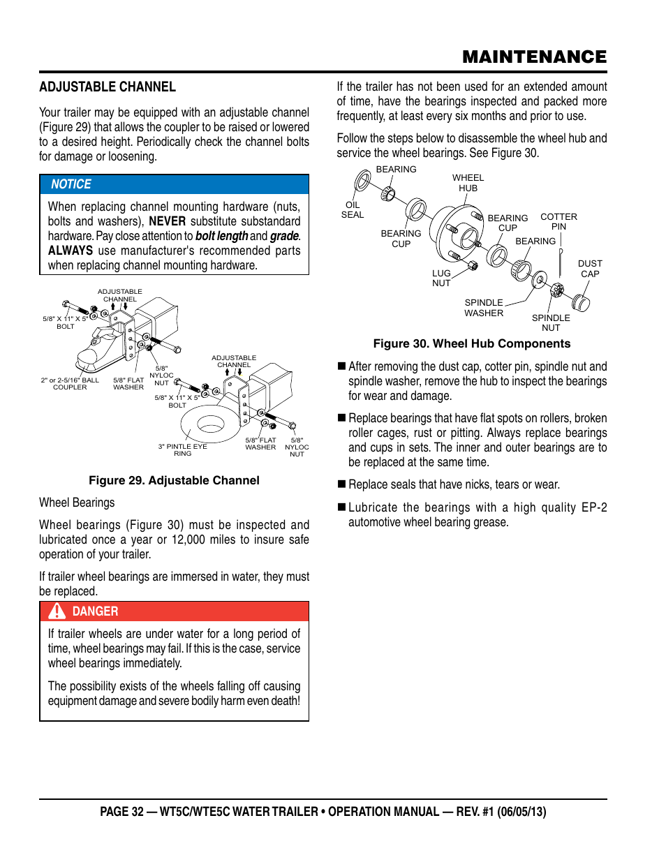 Maintenance, Adjustable channel | Multiquip WTE5C Operation Manual User Manual | Page 32 / 52