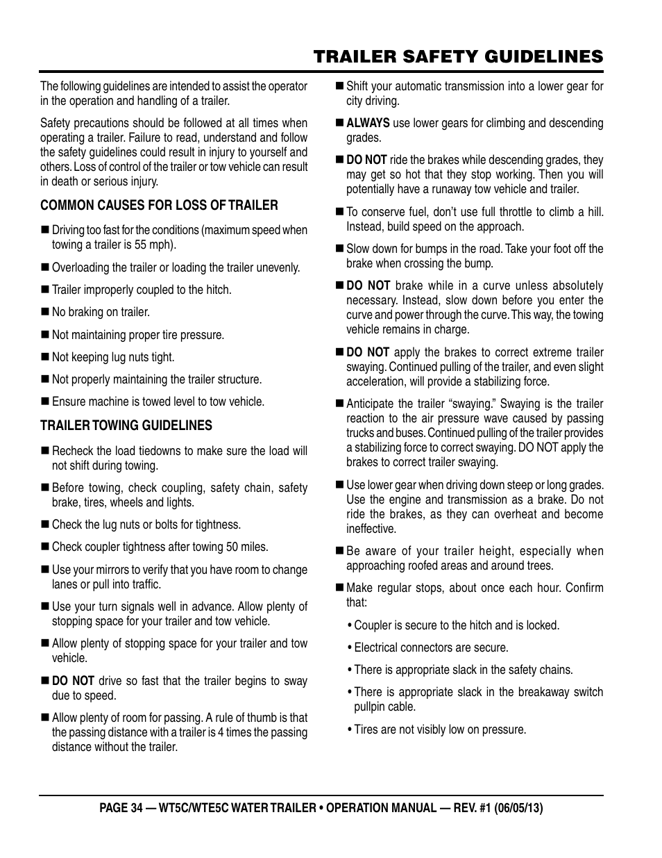 Trailer safety guidelines | Multiquip WTE5C Operation Manual User Manual | Page 34 / 52