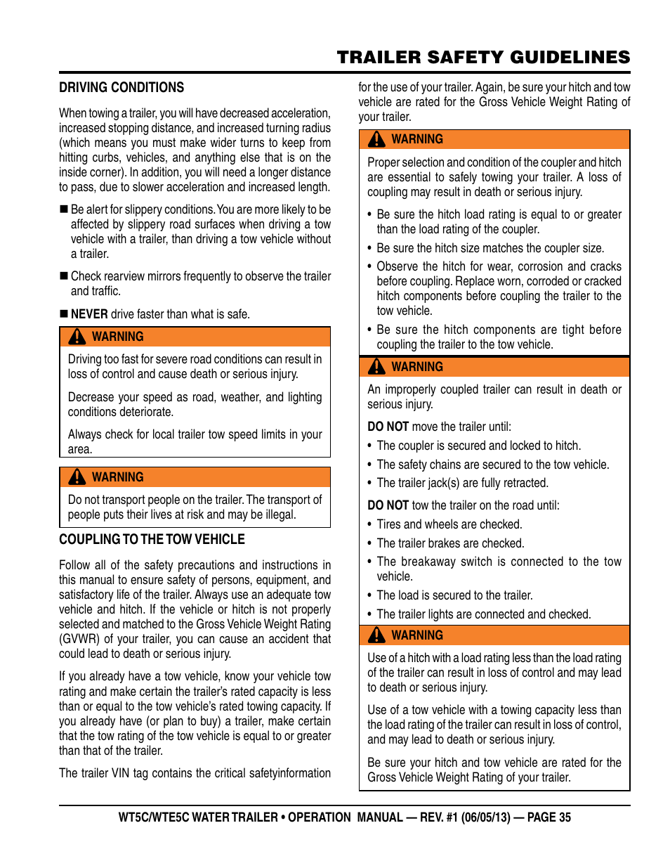 Trailer safety guidelines | Multiquip WTE5C Operation Manual User Manual | Page 35 / 52