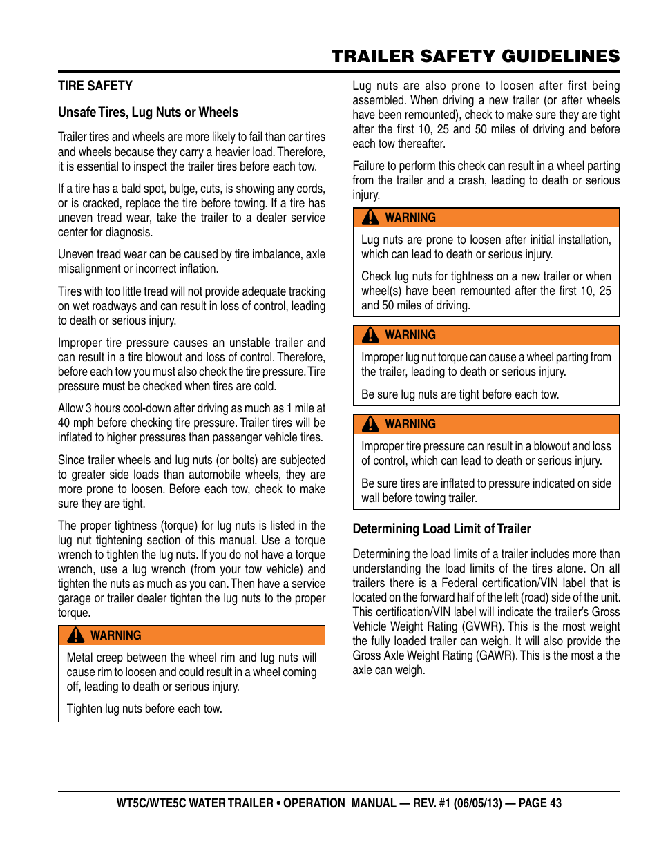 Trailer safety guidelines | Multiquip WTE5C Operation Manual User Manual | Page 43 / 52