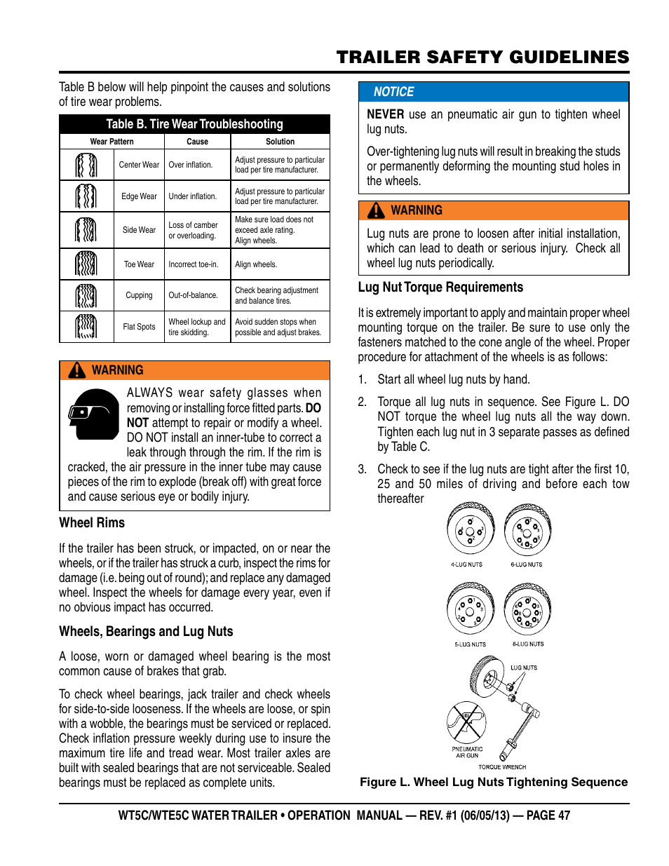 Trailer safety guidelines, Wheel rims, Wheels, bearings and lug nuts | Lug nut torque requirements | Multiquip WTE5C Operation Manual User Manual | Page 47 / 52