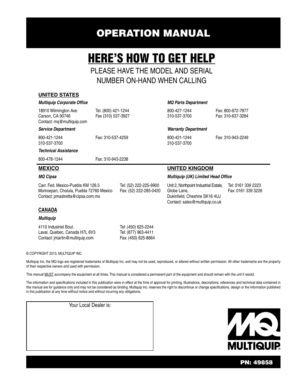 Here’s how to get help, Operation manual | Multiquip WTE5C Operation Manual User Manual | Page 52 / 52