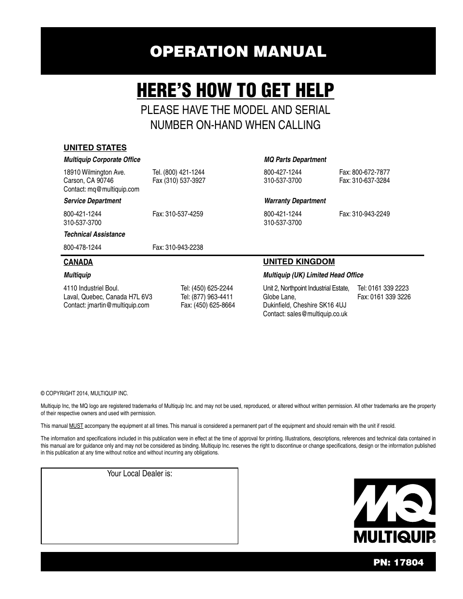 Here’s how to get help, Operation manual | Multiquip AP6 Series User Manual | Page 124 / 124