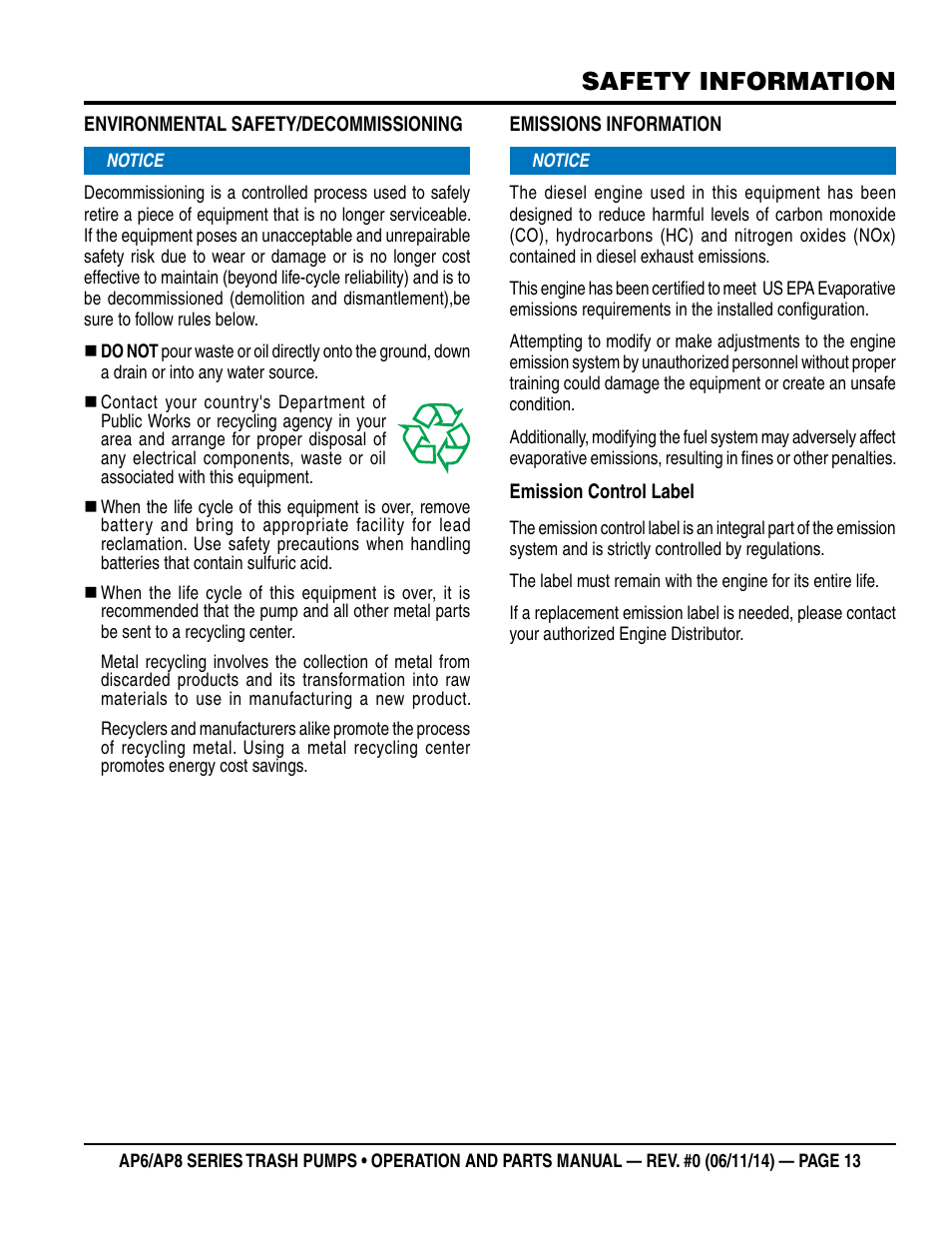 Safety information | Multiquip AP6 Series User Manual | Page 13 / 124