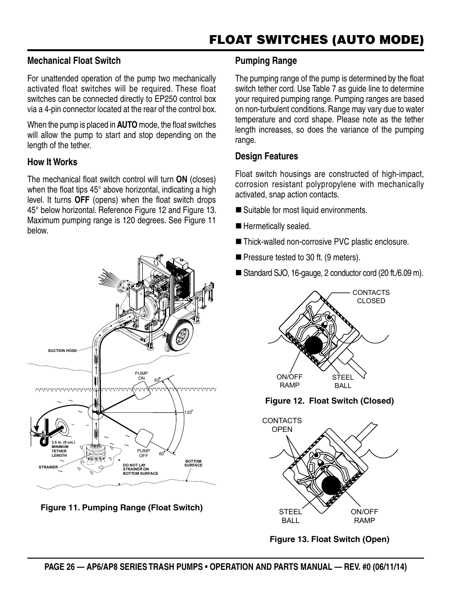 Float switches (auto mode), Mechanical float switch, How it works | Pumping range, Design features | Multiquip AP6 Series User Manual | Page 26 / 124