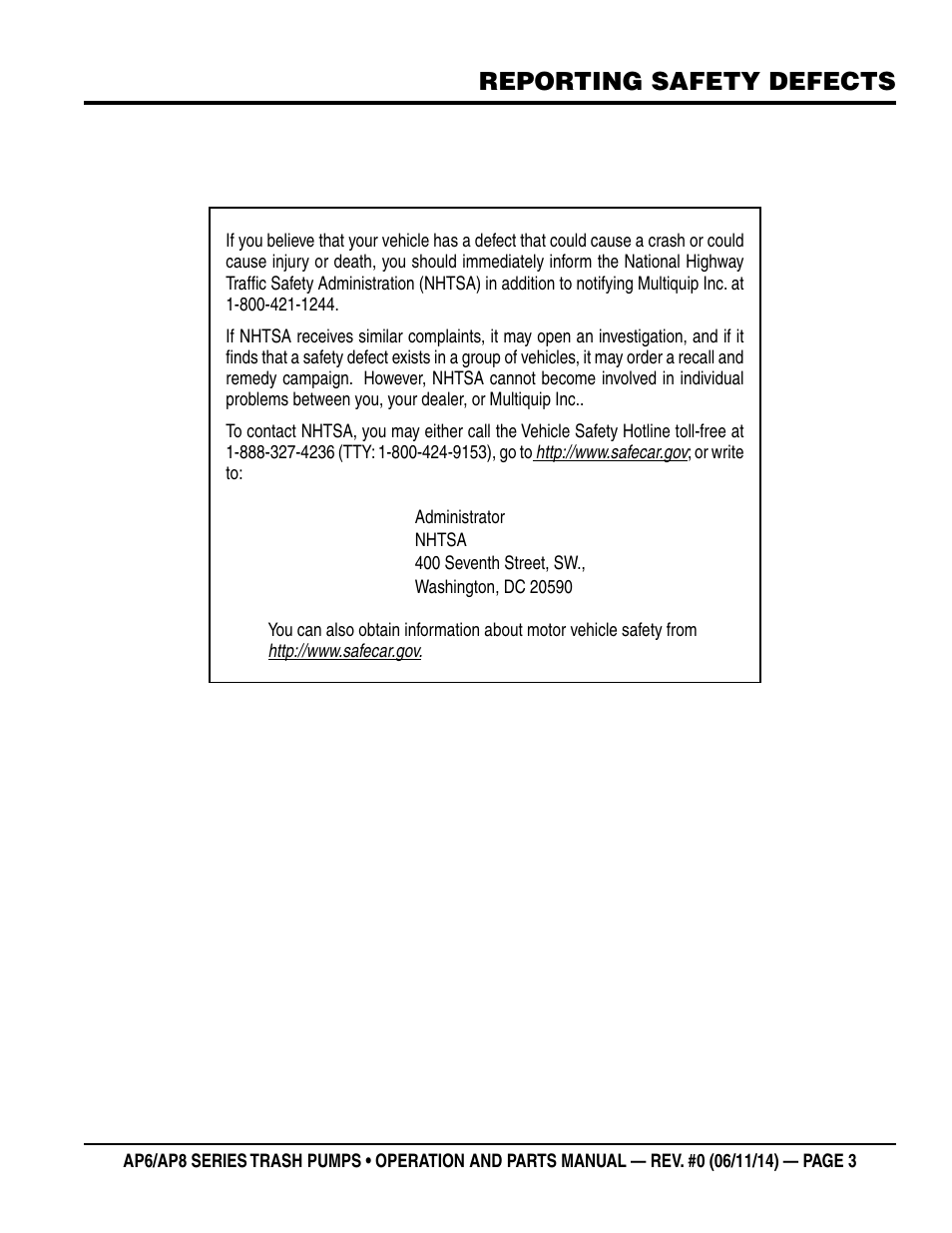 Reporting safety defects | Multiquip AP6 Series User Manual | Page 3 / 124
